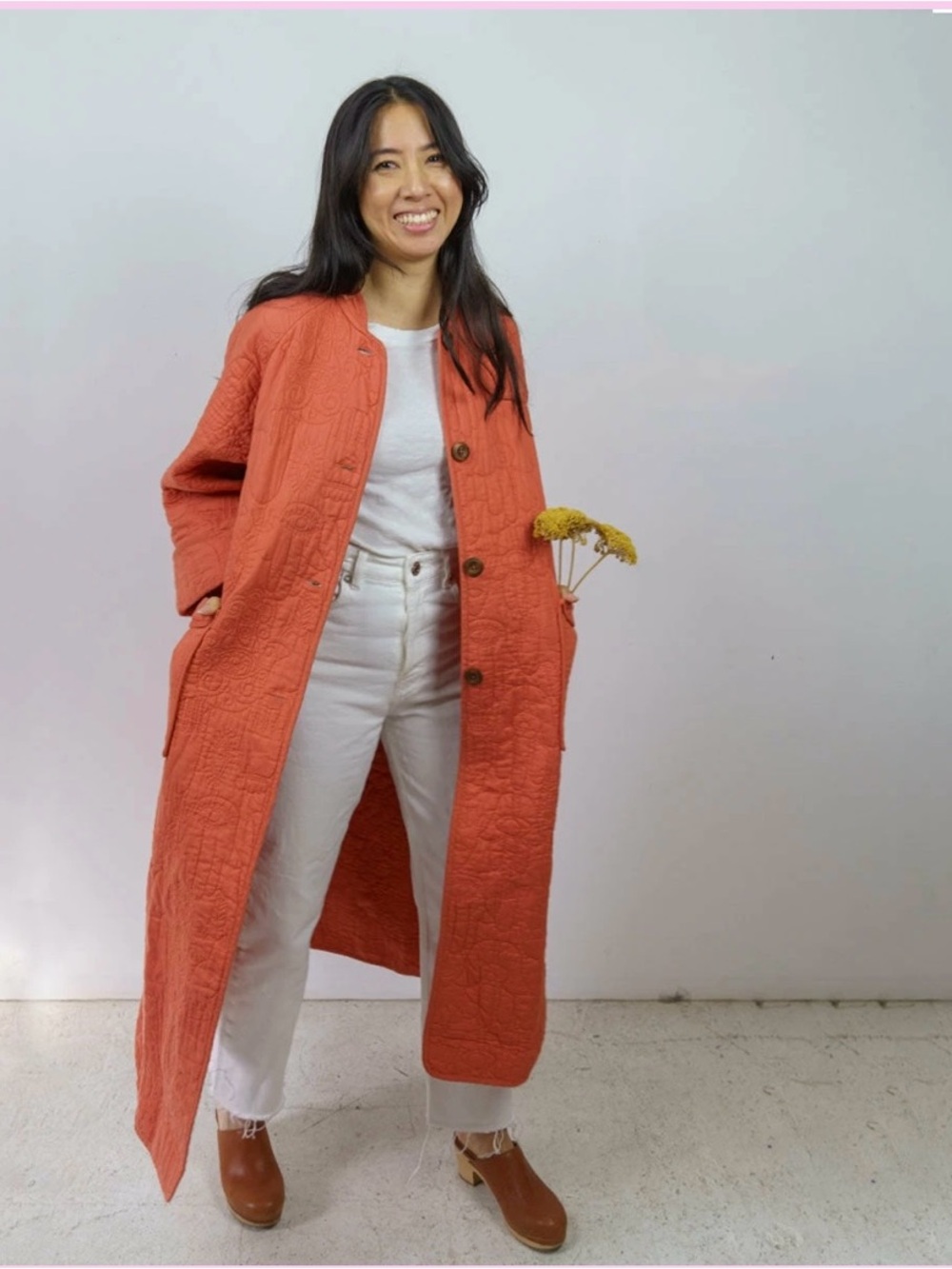 Jungalow Peking Hamsa Quilted Coat Coral Size M/L - Picture 2 of 12